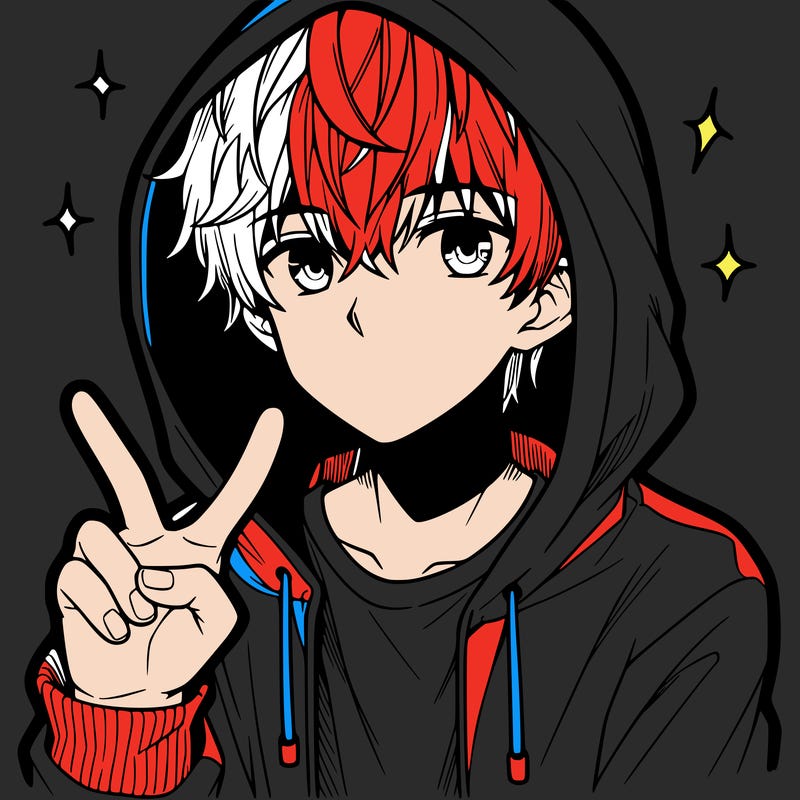 teenage manga boy in a hoodie, doing ✌