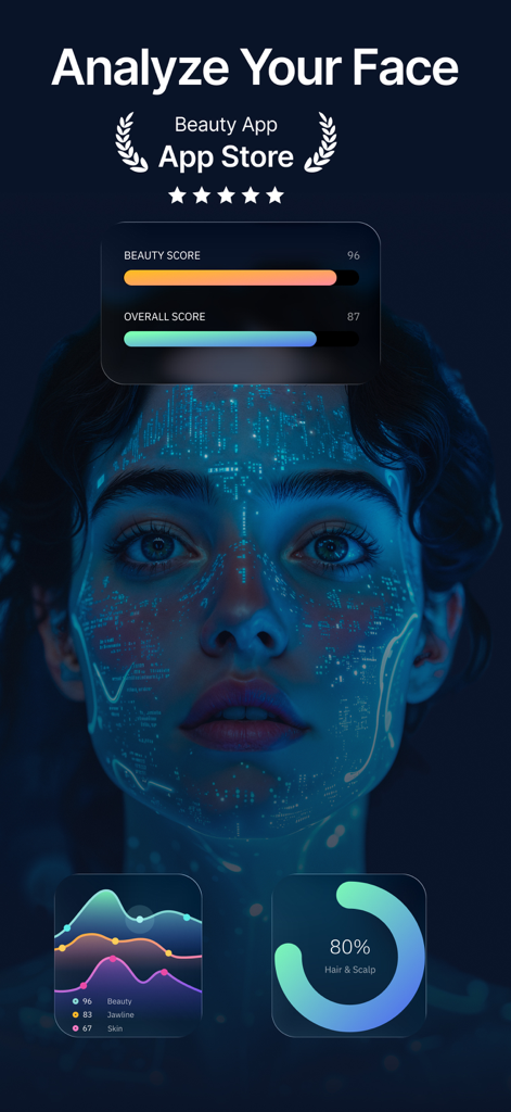 AuraFaceアプリの画面、AI顔分析と美容スコアを表示