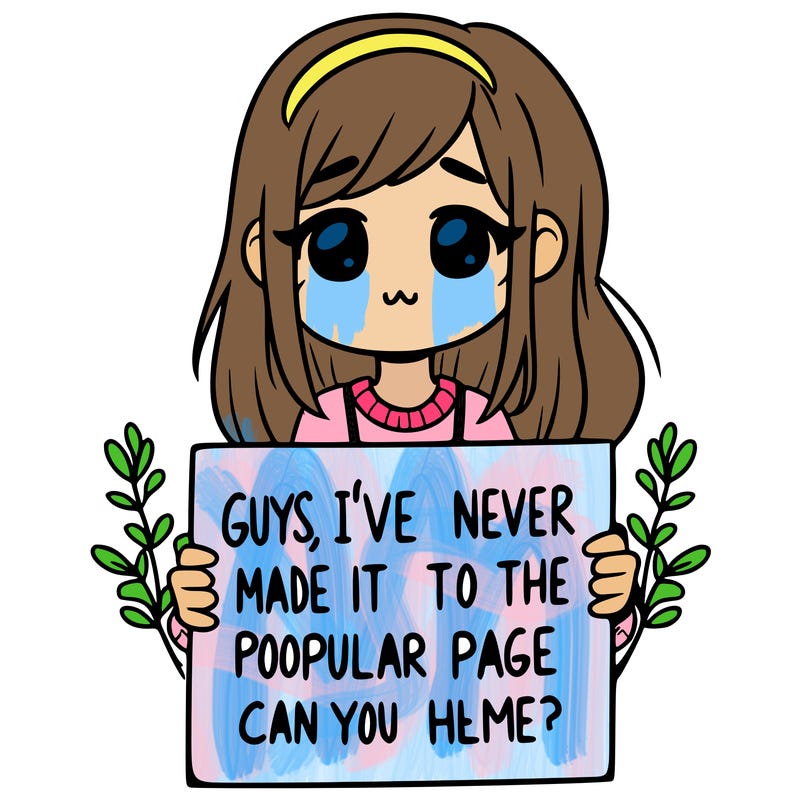 a girl holding up a sign that says, guys, i’ve never made it to the popular page, can you help me?