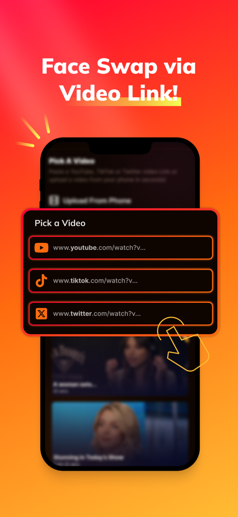Morphio AI app interface showing face swap options using video links from YouTube TikTok and X