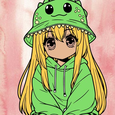 girl with anime shaped eyes with a dinosaur bucket hat oversized sweatshirt long straight hair