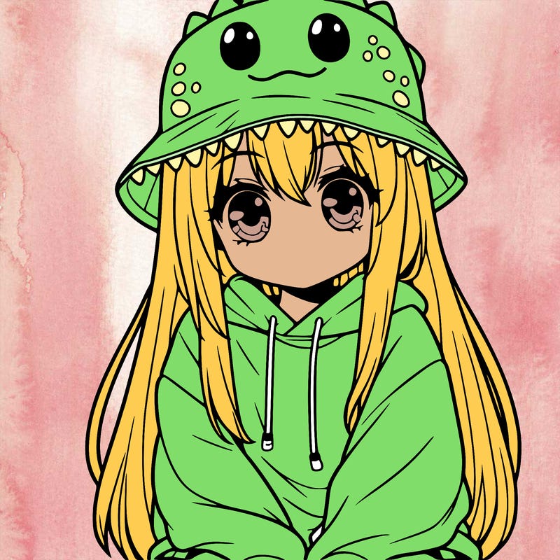 girl with anime shaped eyes with a dinosaur bucket hat oversized sweatshirt long straight hair