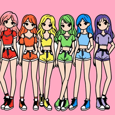 a group of girls wearing crop tops and shorts