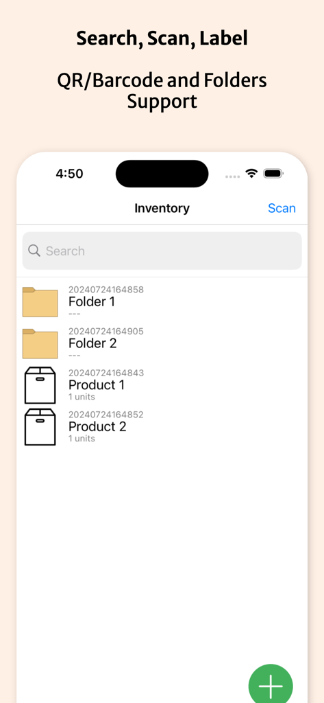 Inventory Organizer - Tracker - Mobile app interface of Inventory Organizer showing product folders and barcode scanning functionality