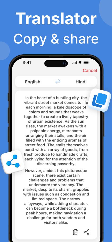 Translator - Voice & Camera - Pantalla de iPhone que muestra una interfaz de traducción de texto con iconos grandes para copiar y compartir contenido
