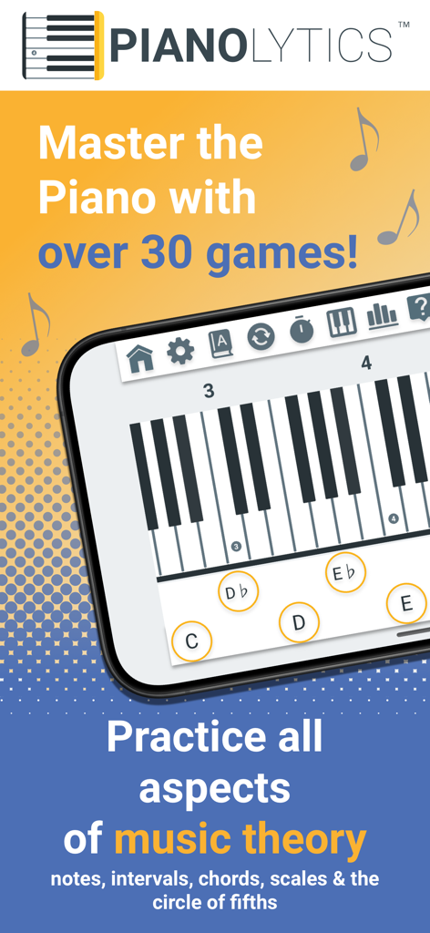 Interface do aplicativo Pianolytics exibindo teclas de piano e jogos de prática de teoria musical para notas e acordes