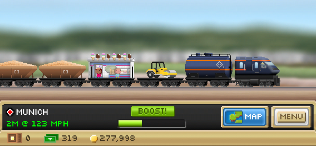 Pocket Trains: Railroad Tycoon - Blue pixel art train hauling various cargo cars in the Pocket Trains mobile game