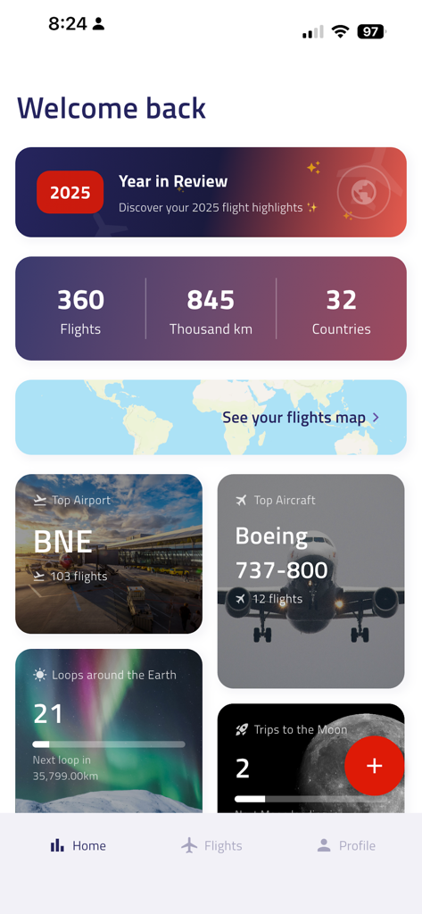 Sugo - Sugo app home screen displaying flight statistics including total flights, distance traveled, countries visited, and top aircraft.