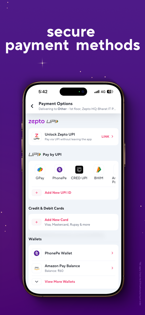 Écran de l'application mobile Zepto affichant des options de paiement sécurisées, y compris UPI, les portefeuilles et les cartes de crédit