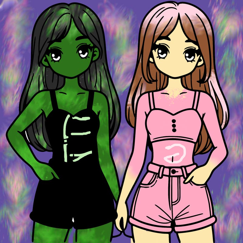 two sisters with crop tops and jean shorts and straight hair