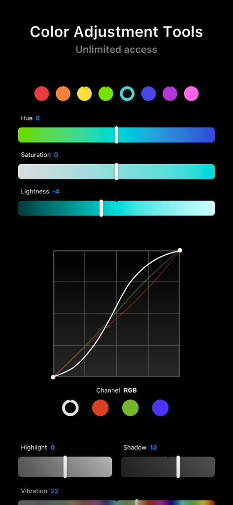 Liit - Photo & Video Editor - Liit photo and video editor interface displaying color adjustment tools and RGB curves