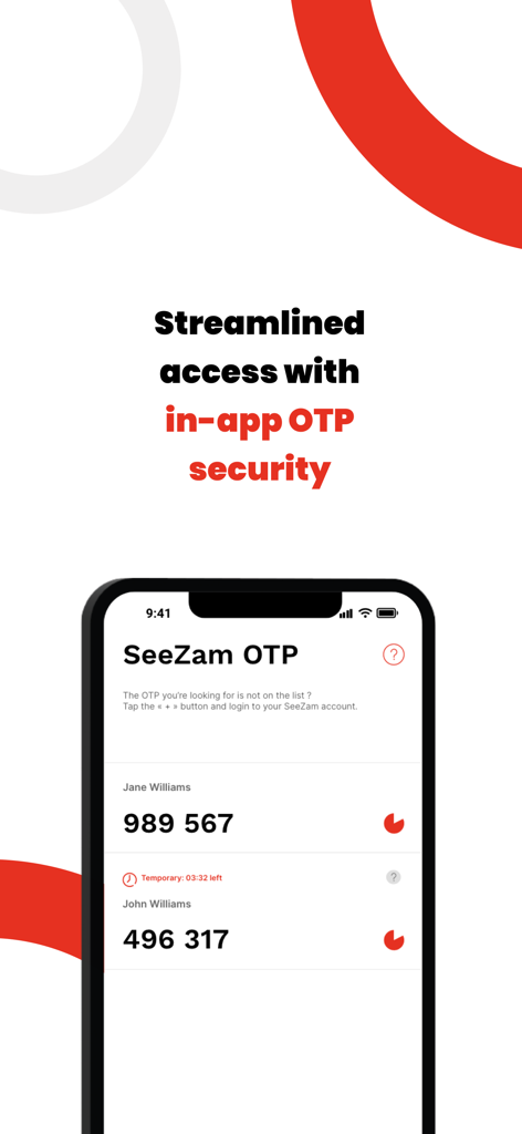 SeeZam Lite mobile app screen displaying in-app OTP security codes for secure document access