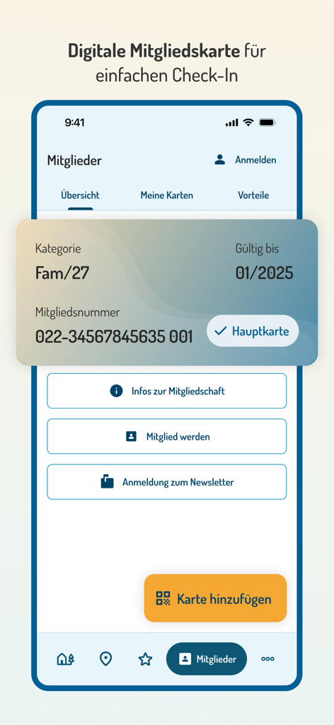 DJH Youth Hostels in Germany - Digital membership card interface within the DJH Youth Hostels in Germany app showing check-in details and membership status.