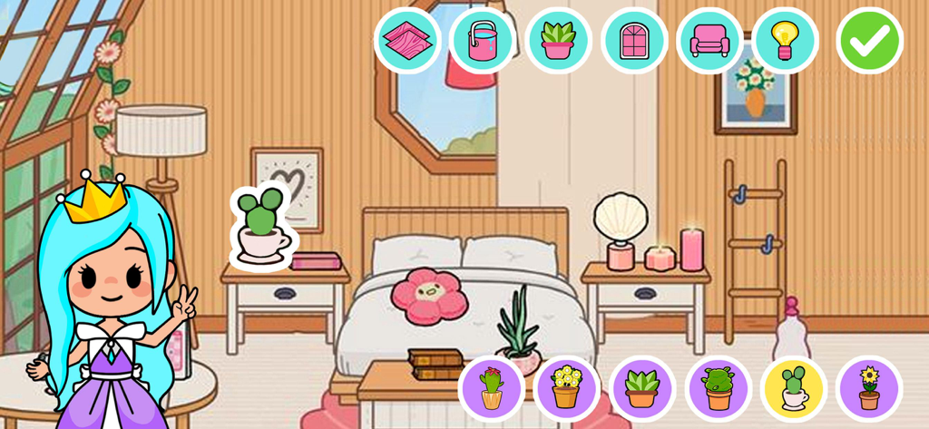 Eine Prinzessinnenfigur steht in einem Schlafzimmergestaltungsbildschirm mit Anpassungsicons für Möbel und Pflanzen