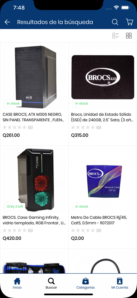 MacroSistemas - MacroSistemas app search results showing computer components like cases and SSDs