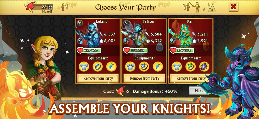 Pantalla de selección de grupo en Knights and Dragons RPG donde los jugadores eligen tres caballeros con diferentes estadísticas elementales y equipamiento