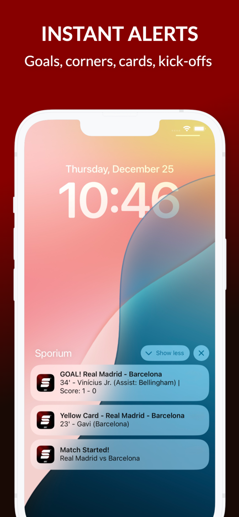 Sporium - Live Football Scores - Smartphone lock screen displaying real-time football score alerts and match event notifications from the Sporium app.