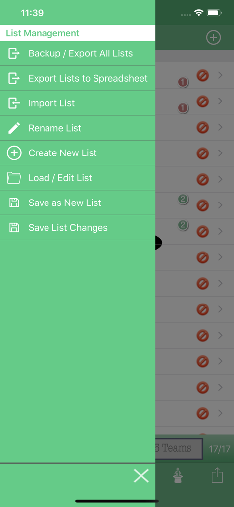 Team Shake - Team Shake app side menu showing list management options like backup, export to spreadsheet, and import list