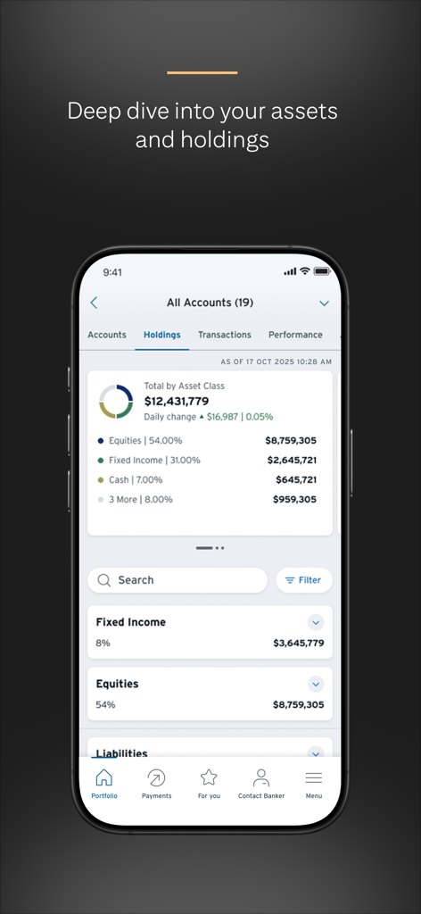 Citi Private Bank In View - Citi Private Bank app screen showing asset allocation and total holdings value