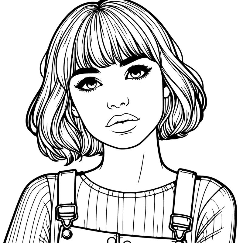 realistic woman with short hair and bangs with an overall outfit