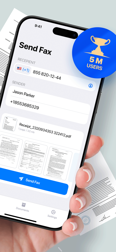 A hand holding an iPhone showing the FaxFree app send fax screen with recipient details and a 5 million users badge