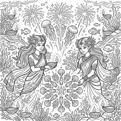Immerse yourself in a magical underwater Diwali festival with this captivating coloring page. Join the elegant Sea Elves as they light diyas and admire fireworks amidst coral reefs.
