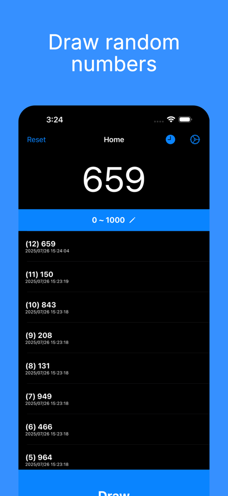 Simple Giveaway Generator - Interface do aplicativo Gerador de Sorteios Simples mostrando um grande número aleatório 659 gerado dentro de um intervalo de 0 a 1000 e uma lista de histórico de sorteios anteriores.