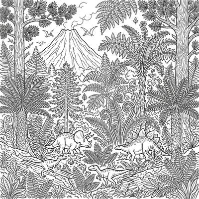 Unleash your inner paleontologist with this intricate prehistoric jungle coloring page, specially designed for adults. Delve into a world of towering ferns, ancient trees, and majestic dinosaurs awaiting your creative touch.