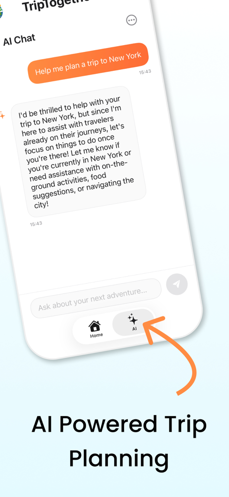 Trip Together: AI Travel Guide - Mobile Bildschirmansicht der Trip Together App, die einen KI-gestützten Reiseplanungs-Chat für New York City zeigt