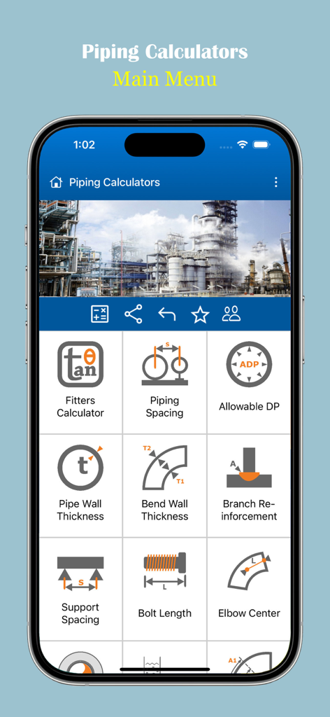 Piping Calculators - Main menu screen of the Piping Calculators mobile app featuring icons for various industrial engineering and pipefitting tools