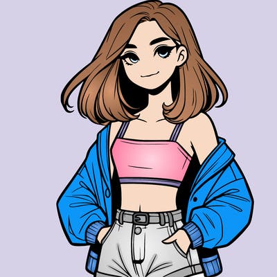 a realistic girl with a crop top and short shorts in an open jacket