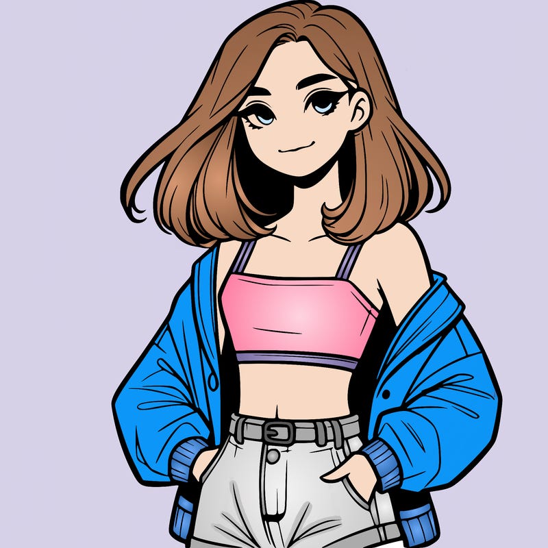 a realistic girl with a crop top and short shorts in an open jacket