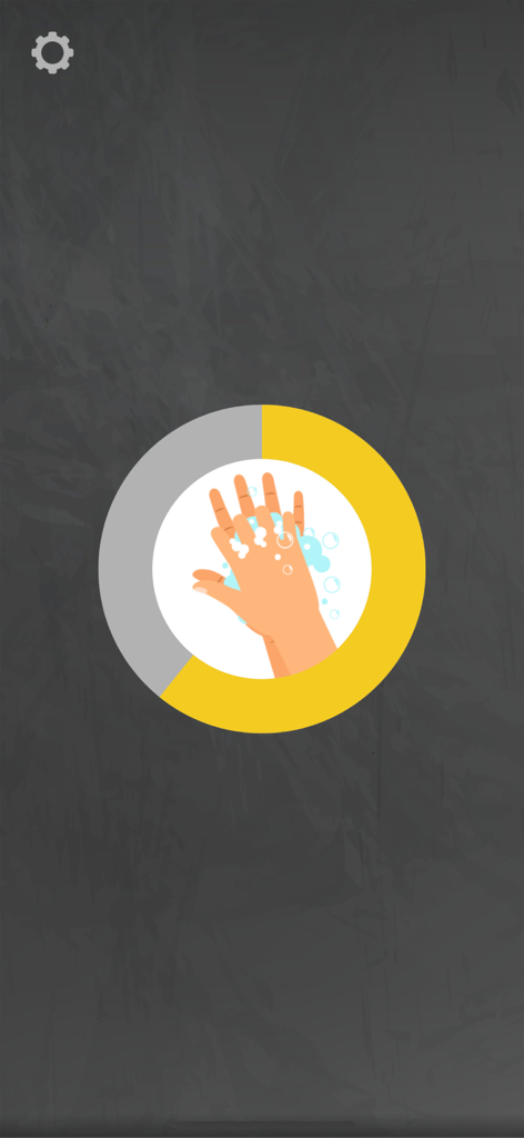 Wash your hands now - Handwashing app interface showing a circular countdown timer with a yellow progress ring and a soapy hands illustration.