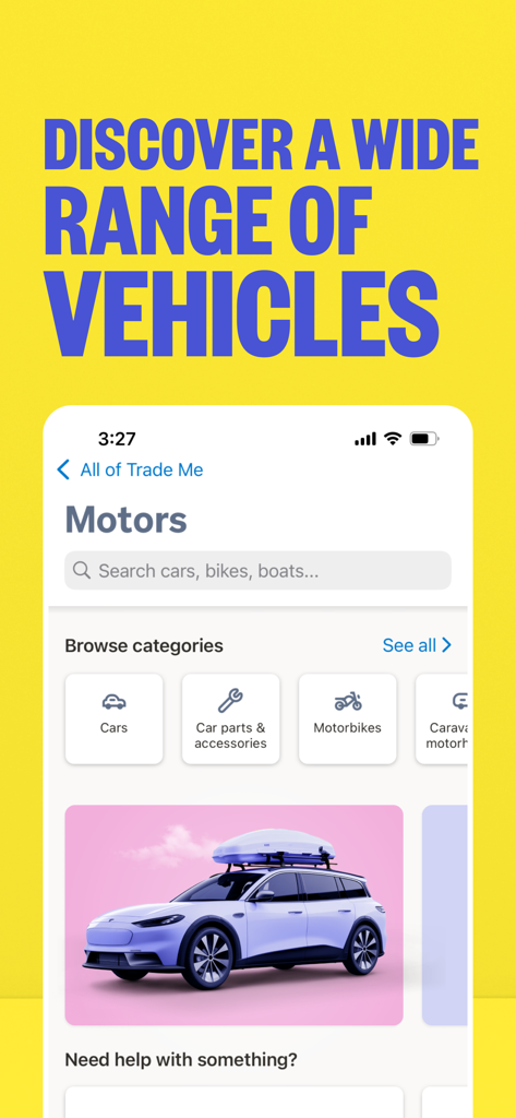 Trade Me: Property, Jobs, Shop - Trade Me App-Oberfläche, die den Bereich Motoren mit Kategorien für Autos, Motorräder und Autoteile zeigt.