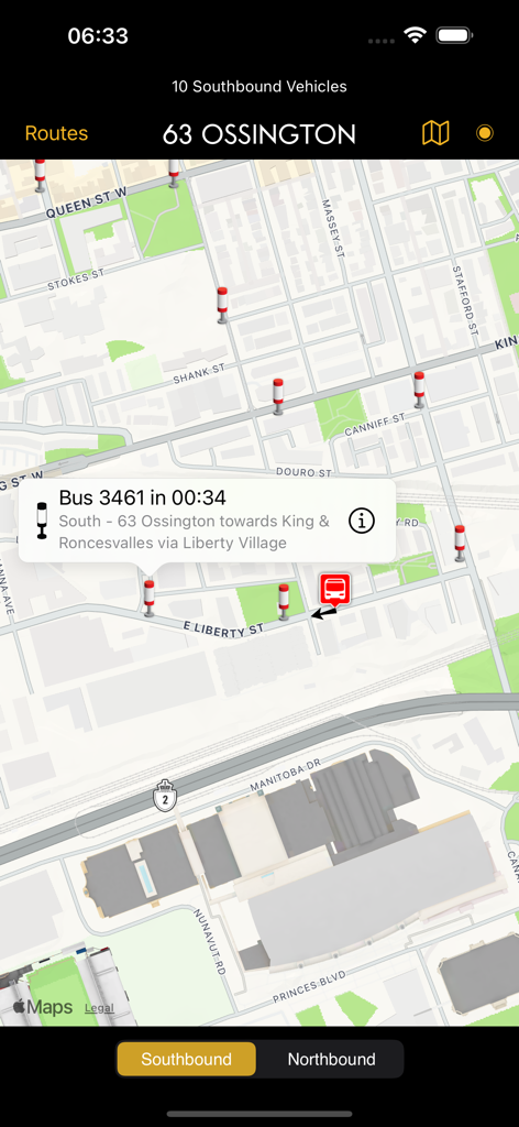 Mapa de rastreamento de ônibus TTC em tempo real mostrando o tempo de chegada para a rota 63 Ossington em Toronto