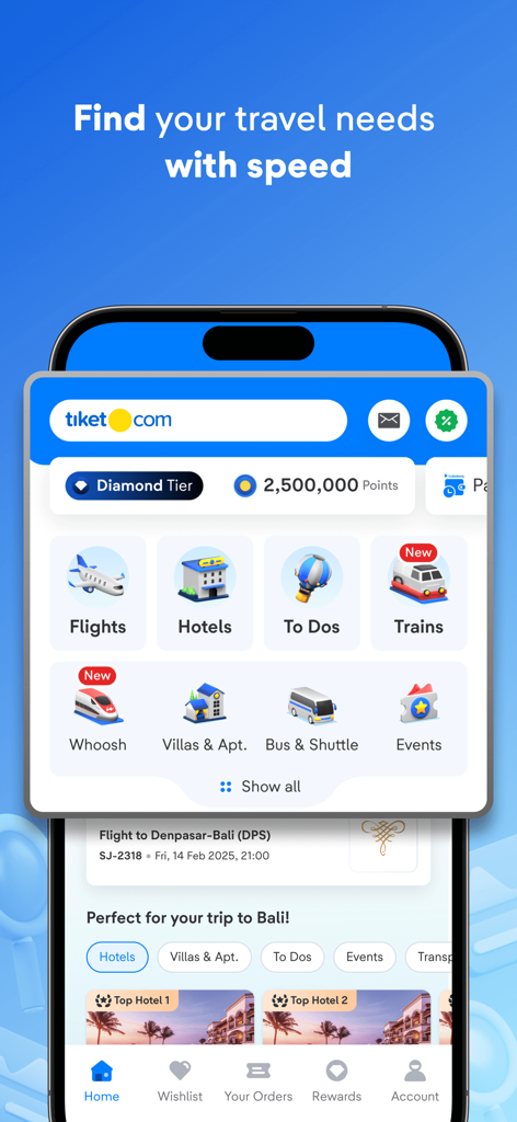 Interfaz de la aplicación móvil tiket.com que muestra opciones de reserva para vuelos, hoteles, trenes y eventos locales.