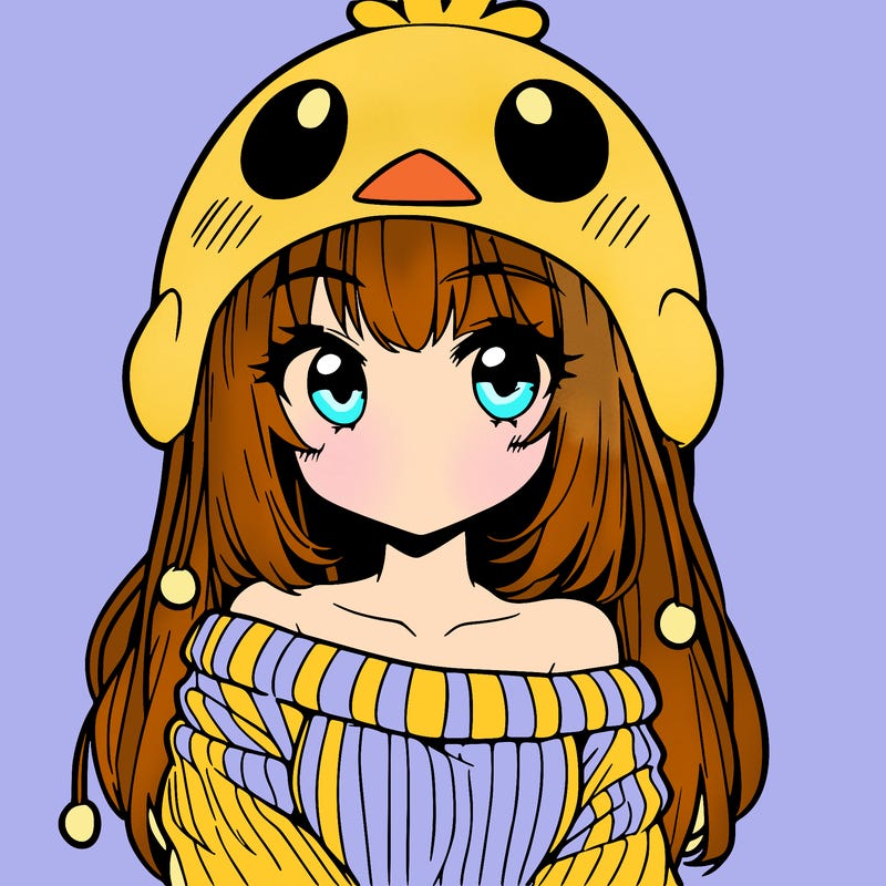 anime girl with chick shaped hat with sweater with bare shoulders with bangs covering them one eye with low tail