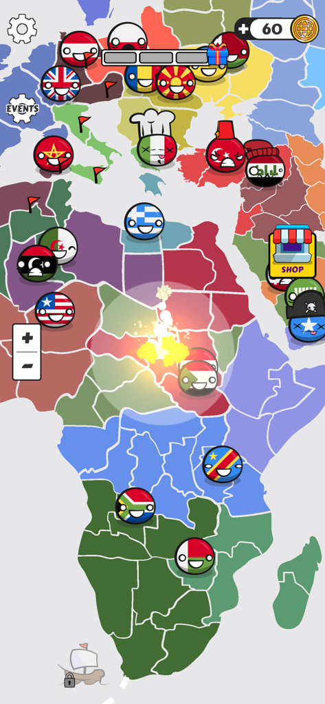 Pantalla del juego de estrategia con personajes de Countryball con banderas nacionales luchando en un mapa de África y Europa
