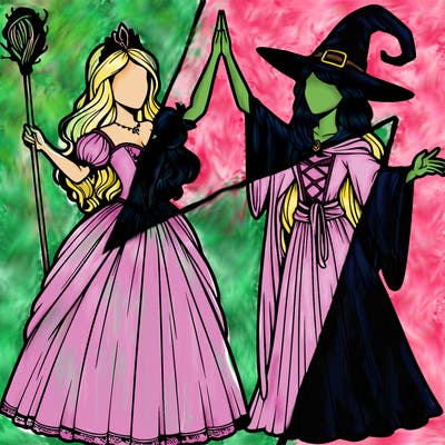 detailed realistic split of a princess and a witch