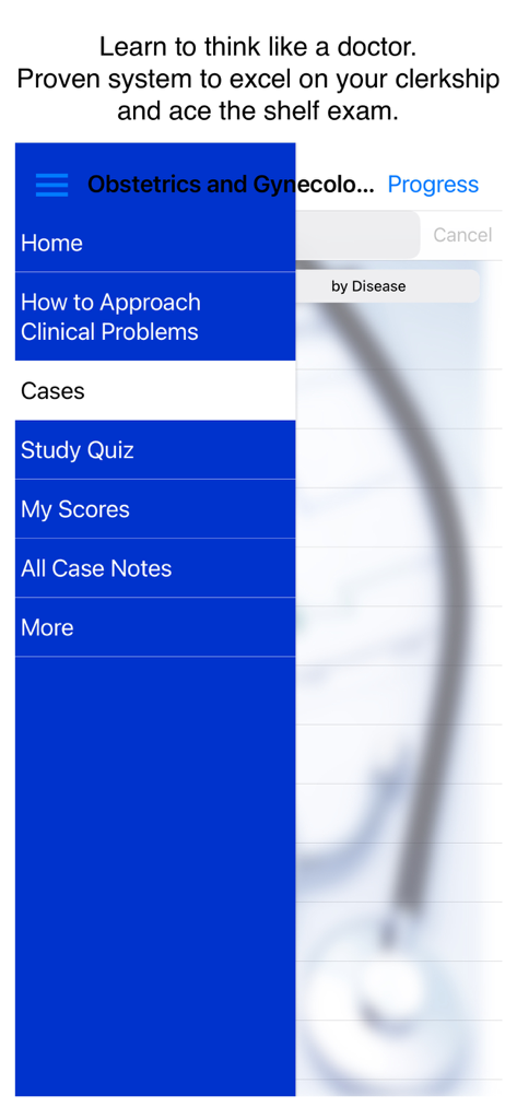 Obstetrics & Gynecology Cases - Main navigation menu of the Obstetrics and Gynecology Cases app showing study tools and quiz options
