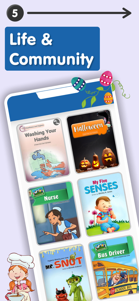 A selection of educational ebooks for children from the Life and Community category in the Early Learning Library app.