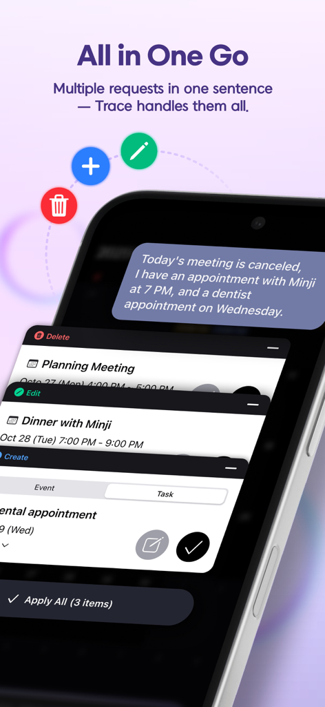 Trace - AI Calendar, Planner - Trace AI calendar app showing multiple schedule updates from a single text sentence