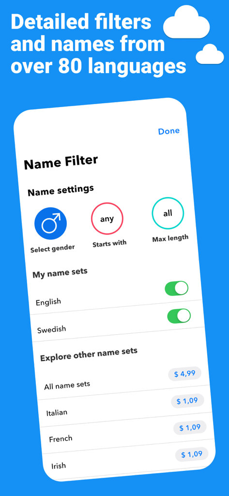 Kinder - Find Baby Names - Kinder app interface showing name filter settings for gender, length, and language name sets like English and Swedish.