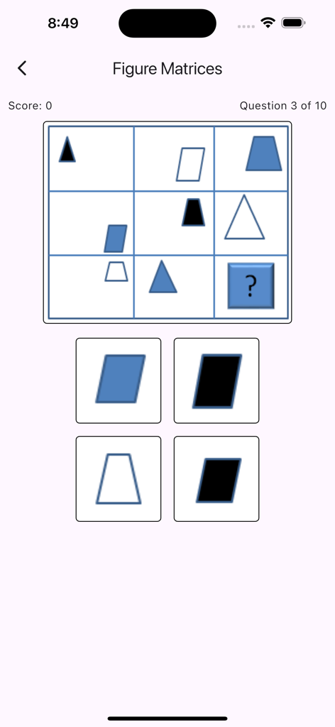 COGAT Grade 3 - Ein Übungsrätsel für Figure matrices aus der COGAT 3. Klasse App, das ein Gitter von Formen und Antwortmöglichkeiten zeigt.