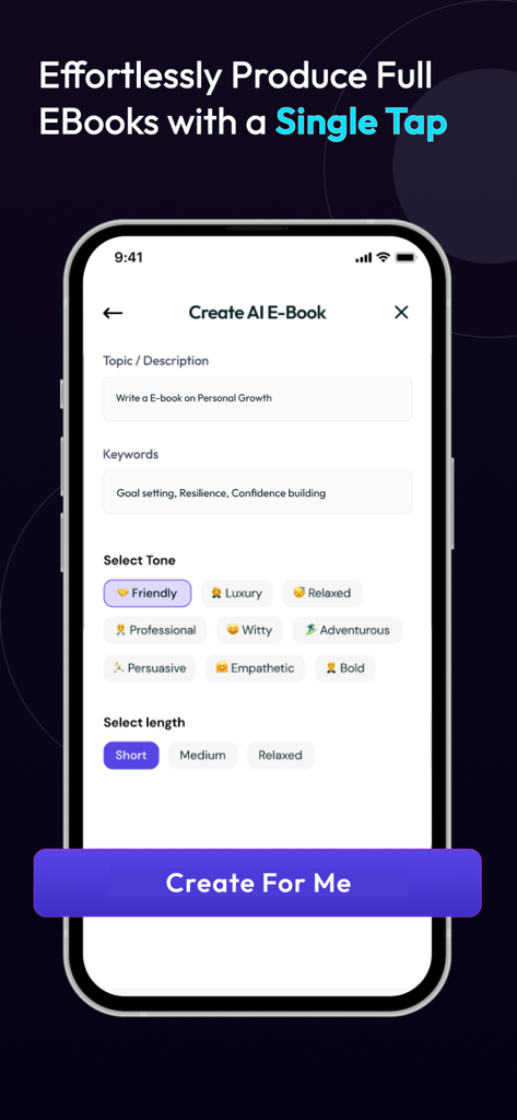 AI Ebook Generator-Book Writer - Tela do smartphone mostrando a interface de criação de ebooks com configurações de tópico e tom
