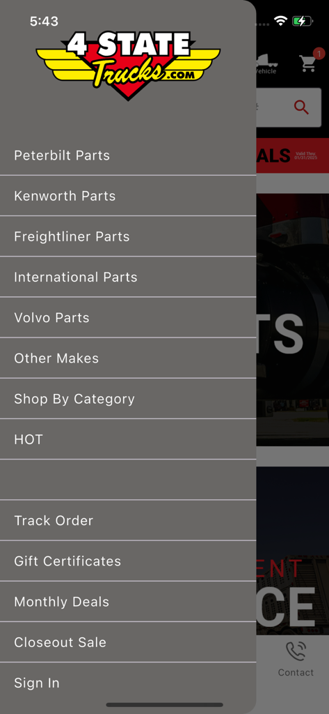 4 State Trucks - Side navigation menu of the 4 State Trucks app listing semi-truck parts by brand and shopping categories.