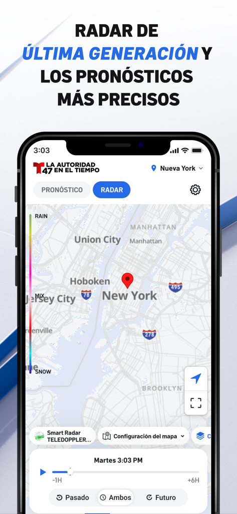 La app Telemundo 47 muestra un mapa interactivo del radar meteorológico de la ciudad de Nueva York y el área triestatal.