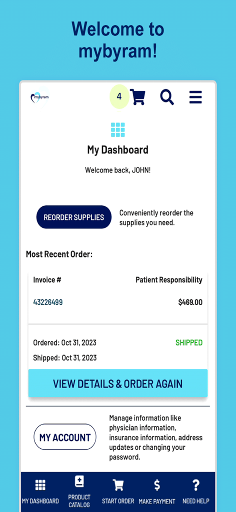 mybyram app dashboard showing recent order status and reorder supplies option