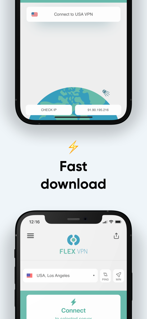 Flex VPN – Proxy+ unlimited - Flex VPN mobile app interface showing fast download text and connection options for a USA server