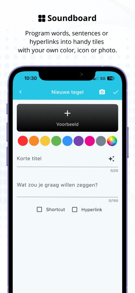 Uma tela de smartphone exibindo o menu de personalização para um novo bloco de comunicação no aplicativo Talkie